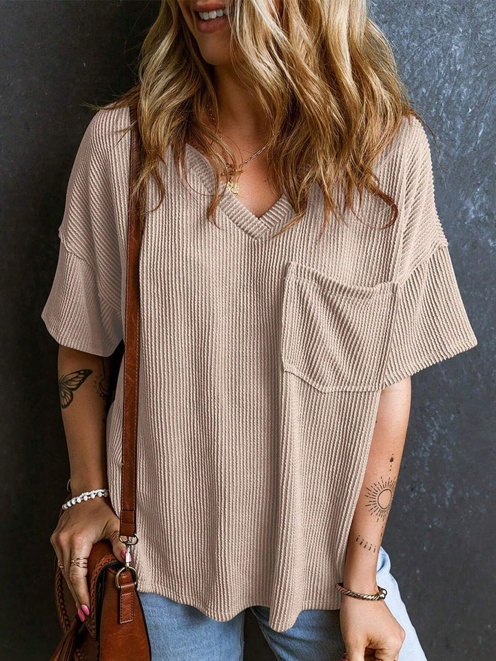 Damen Lässiges Rippstrick Oversize T-Shirt mit V-Ausschnitt und Brusttasche Drune