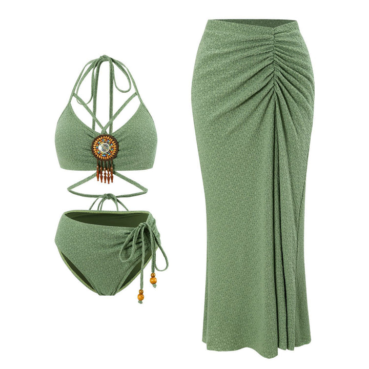 Damen trendy Schwimmanzug mit Raffungen und dekorativem Schmuck Drune