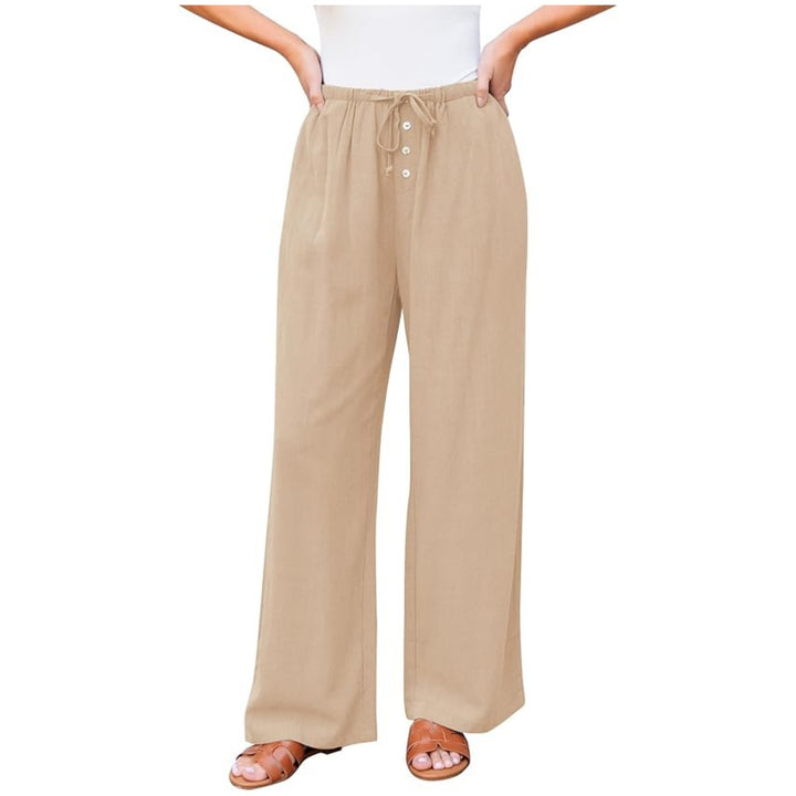 Damen Leinenoptik-Hose mit weitem Bein, Gummizug-Taille, Tunnelzug und Knopfdetail Drune