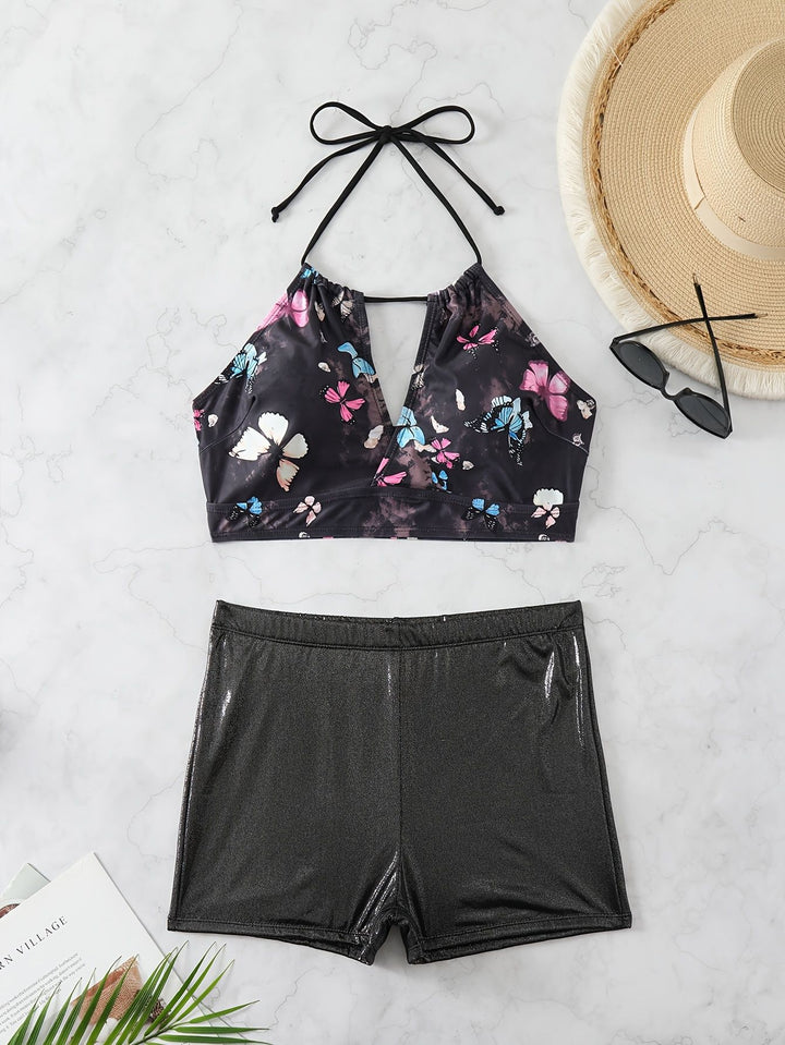 Damen Bikini-Set mit floralem Oberteil und hochglänzenden Shorts Drune
