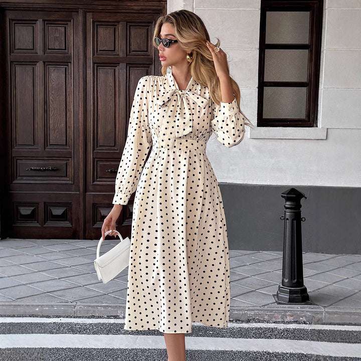 Damen Midi Kleid mit Schleifenkragen und Punkten Drune