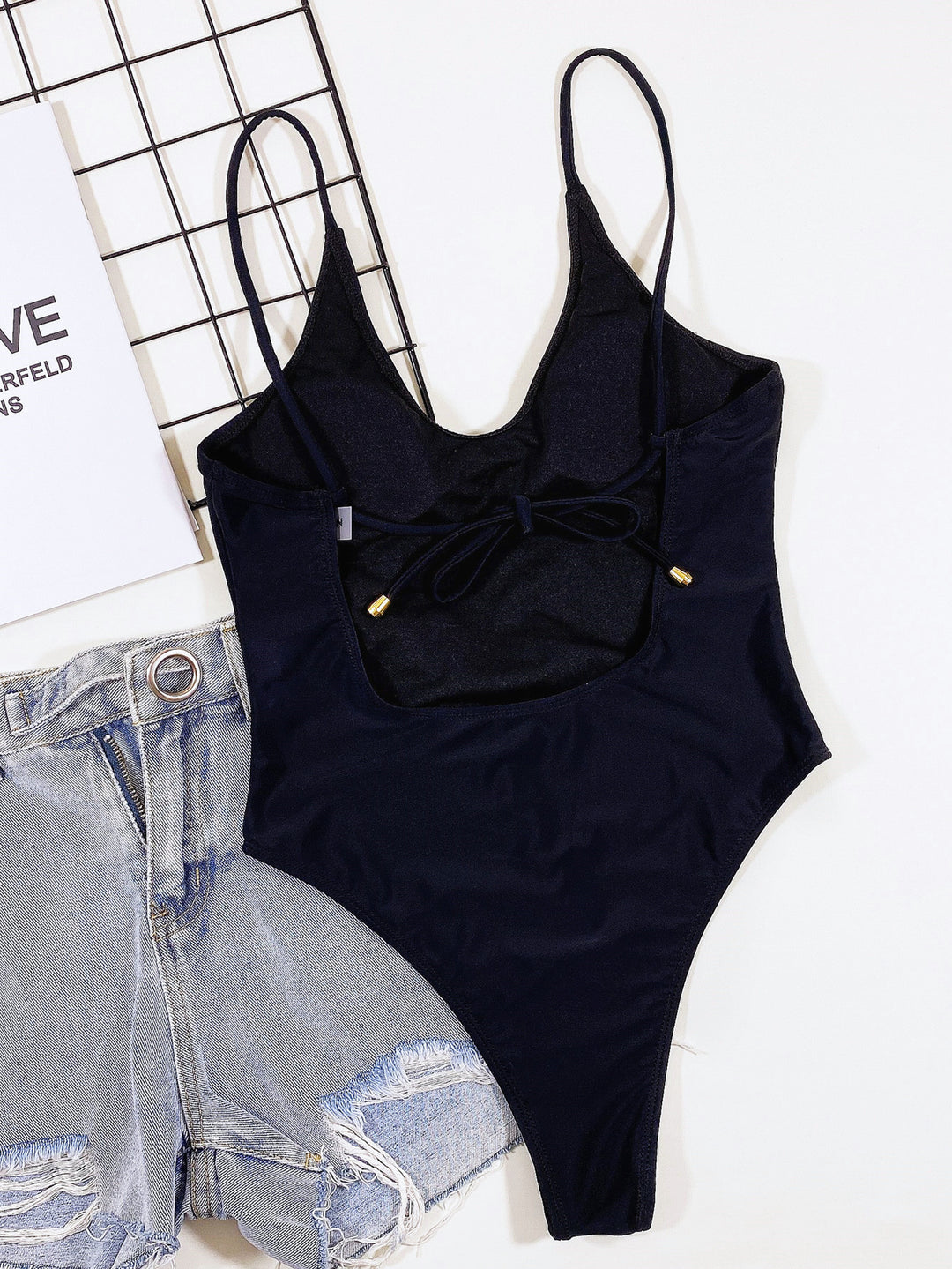 Damen Hochgeschnittener Cut-Out Badeanzug mit Bindebändern Drune