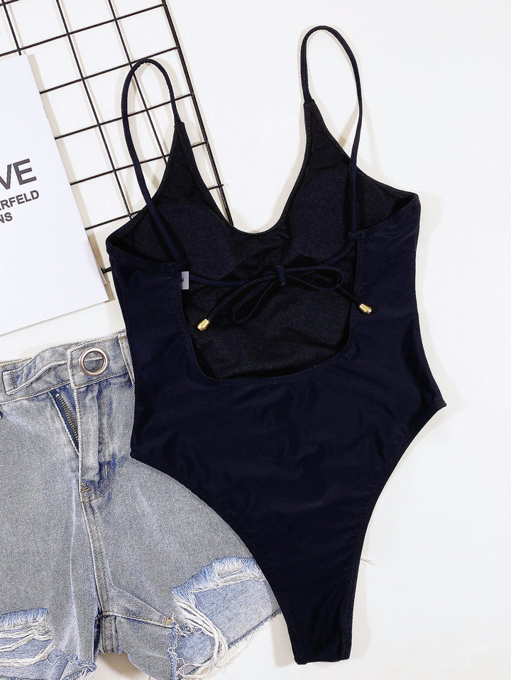 Damen Hochgeschnittener Cut-Out Badeanzug mit Bindebändern Drune