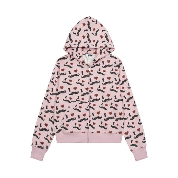 Damen Kurze Kapuzen‑Sweatjacke im Grafik-Print mit Rippbündchen und Kängurutaschen Drune