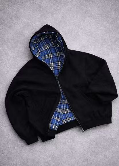 Herren gepolsterter Hoodie mit kariertem Futter und durchgehendem Reißverschluss Drune