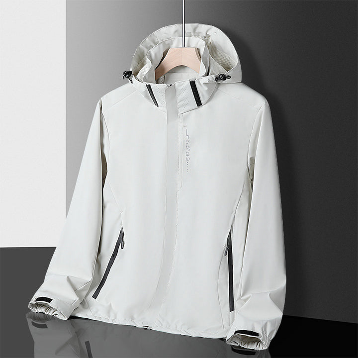 Herren leichter wasserdichter Softshell‑Hoodie mit Kapuze und Tarn‑Hex‑Alloverprint Drune