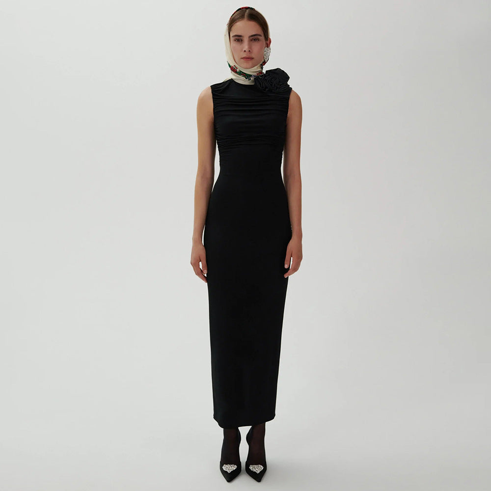 Damen figurbetontes Abendkleid mit asymmetrischem Kragen und floraler Applikation Drune