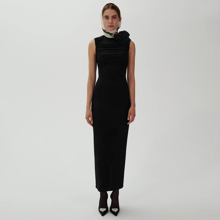 Damen figurbetontes Abendkleid mit asymmetrischem Kragen und floraler Applikation Drune