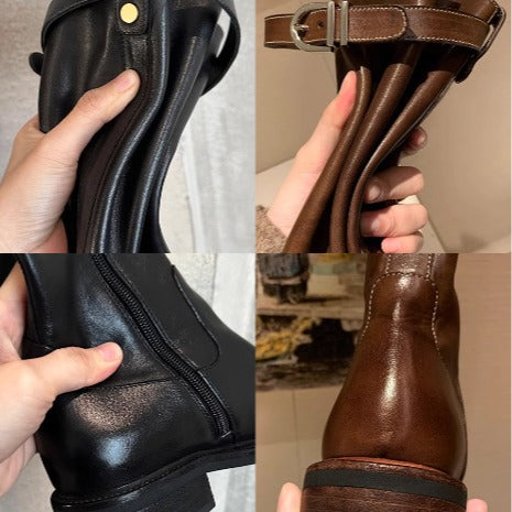 Damen kniehohe Lederstiefel mit flacher Profilsohle und Ziergurt Drune