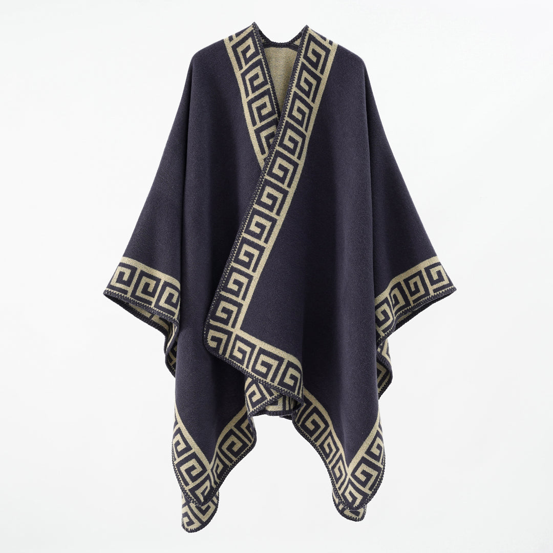 Damen Cape‑Poncho mit Mäander‑Bordüre und Wollmix‑Qualität Drune