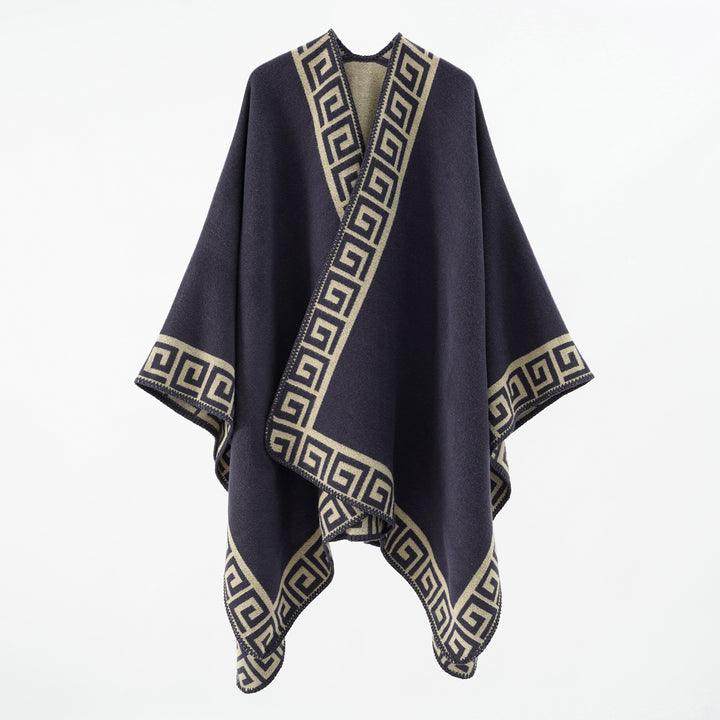 Damen Cape‑Poncho mit Mäander‑Bordüre und Wollmix‑Qualität Drune