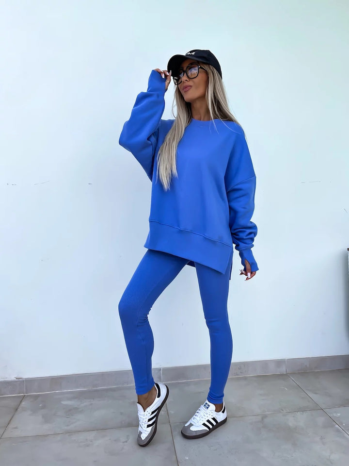 Damen komfortables Oversize-Lounge-Set mit langem Sweatshirt, gerippten High-Waist-Leggings und verlängerten Bündchen Drune