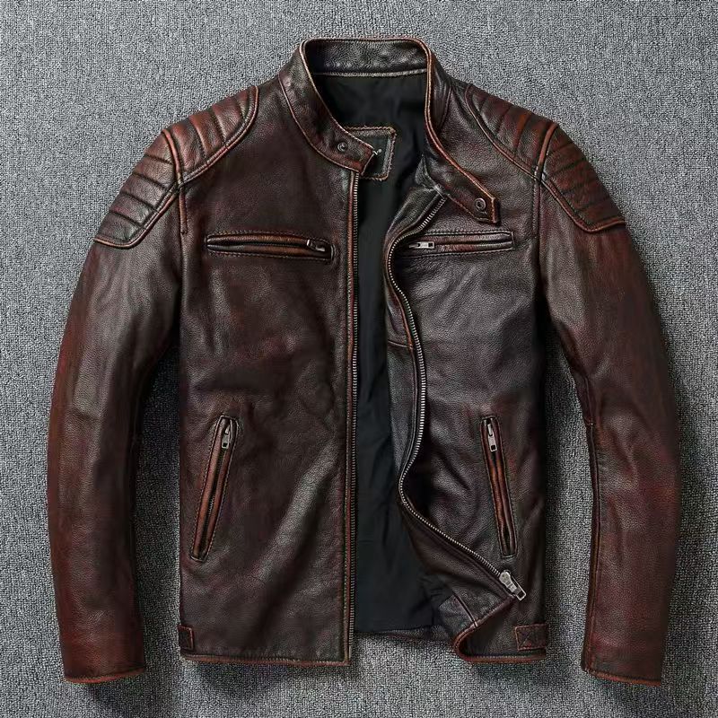 Herren Lederjacke im Vintage-Bikerstil mit Brusttaschen und Reißverschluss Drune