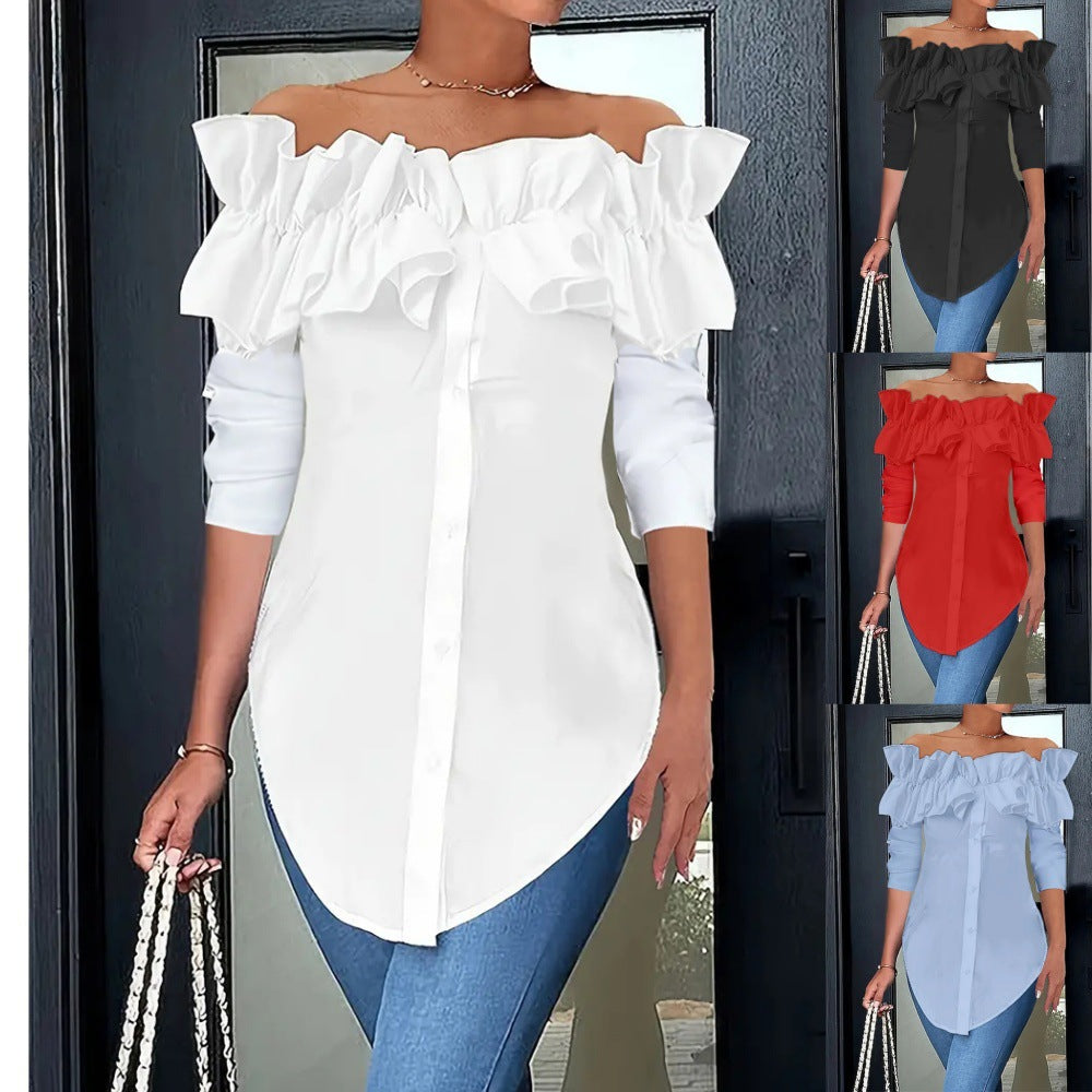 Damen Off-Shoulder Bluse mit Rüschen und Knopfleiste Drune