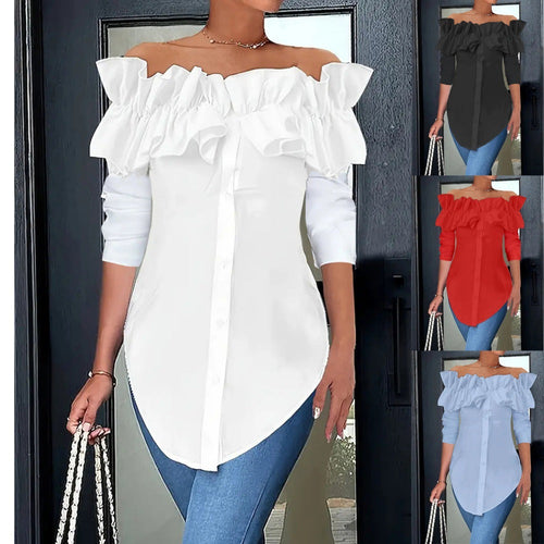 Damen Off-Shoulder Bluse mit Rüschen und Knopfleiste Drune