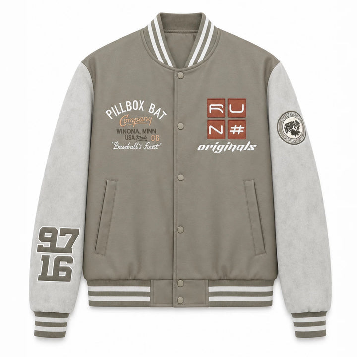 Herren Varsity-Bomberjacke im Retro-College-Stil mit Kunstlederkörper und Kontrastärmeln Drune