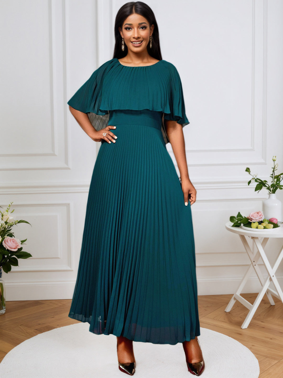 Damen Plissiertes Maxikleid mit eleganten Drapierungen Drune