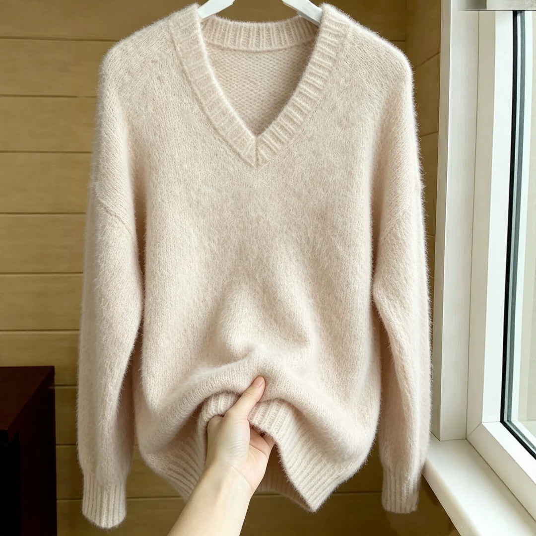 Damen Flauschiger Mohair-Mix Oversize-Pullover mit tiefem V-Kragen Drune