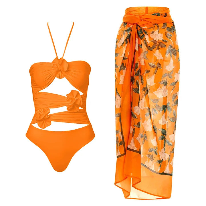 Damen Einteiliger Badeanzug mit floralem Cut-Out und Rüschen Drune