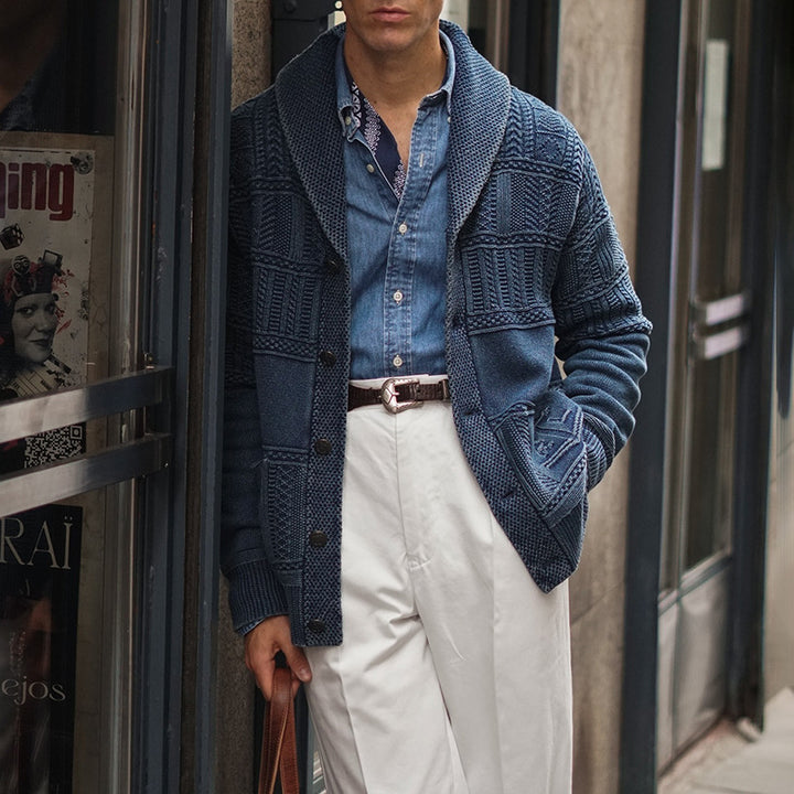 Herren Gestrickter Schalkragen-Cardigan mit Strukturstrick und aufgesetzten Taschen Drune