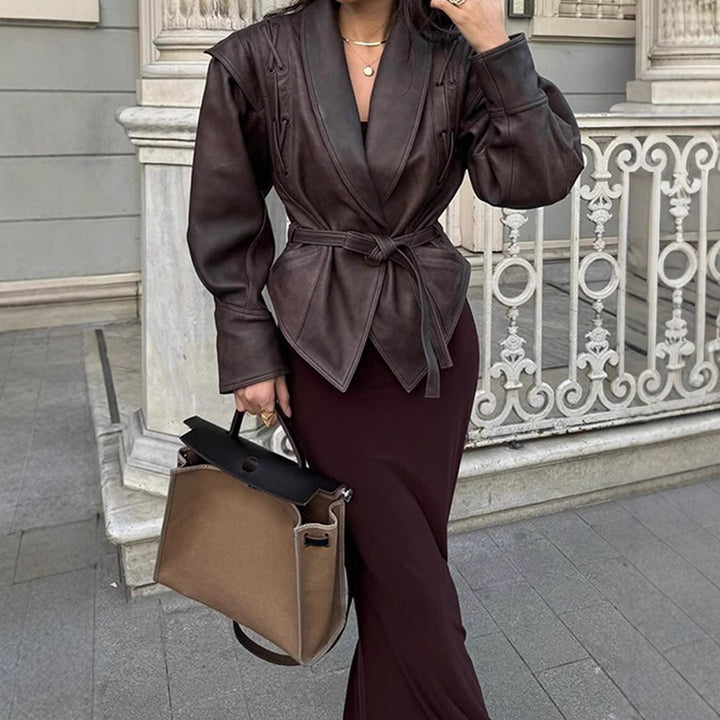 Damen Designer-Lederblazer mit Gürtel und dekorativen Schnüroptiken Drune