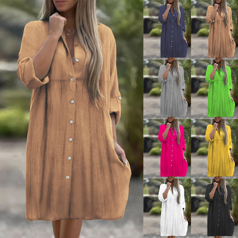 Damen Lockeres Hemdkleid mit Knopfleiste, 3/4-Ärmeln und Seitentaschen Drune
