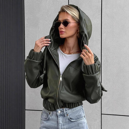 Damen cropped Kunstlederjacke mit kontrastierenden Details und elastischem Bund Drune
