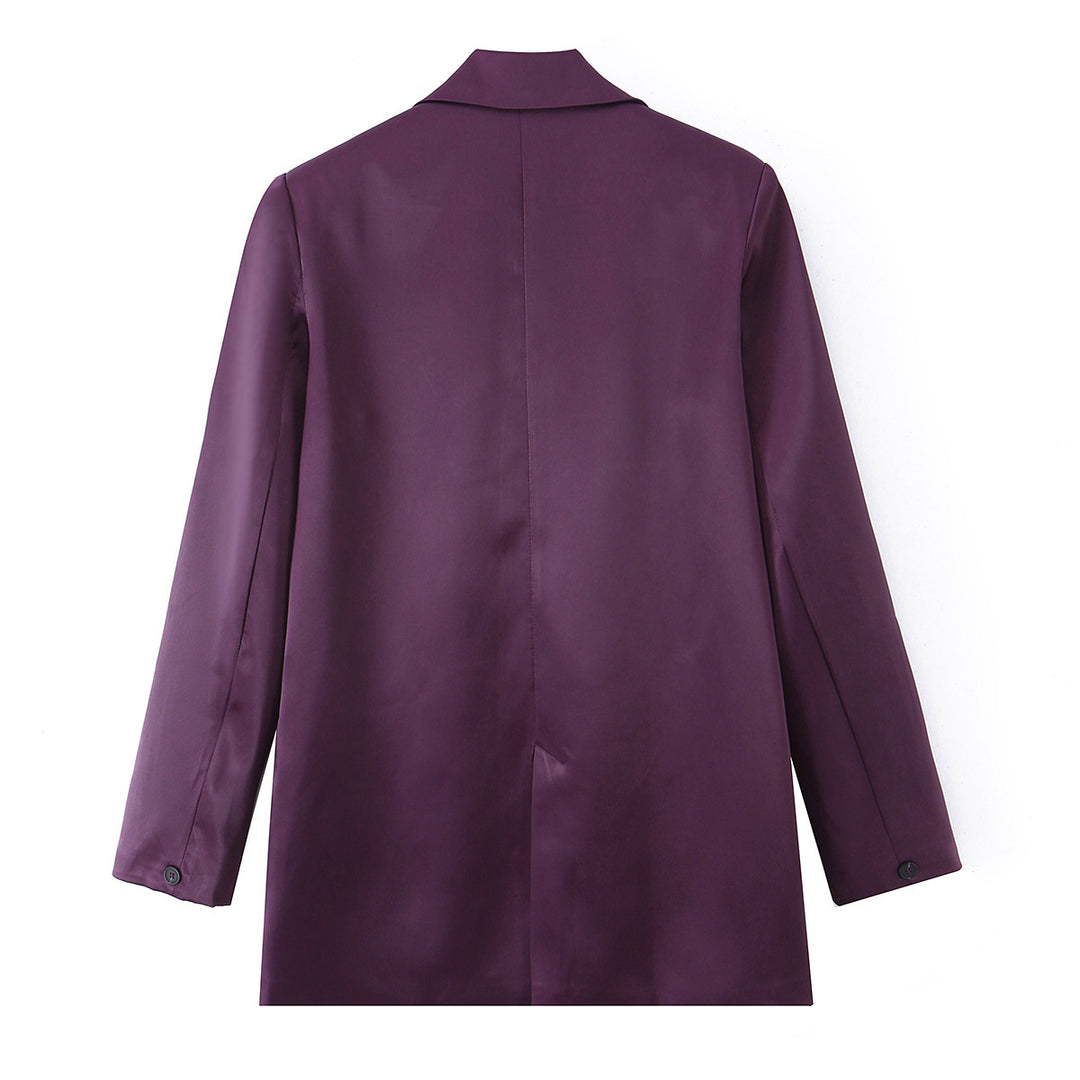 Damen Satin-Longblazer mit doppelreihiger Knopfleiste, Schalkragen und Pattentaschen Drune
