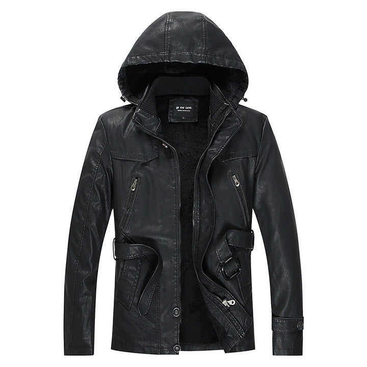 Herren Kunstlederjacke mit Kapuze, Teddyfutter und Gürtelschnalle Drune