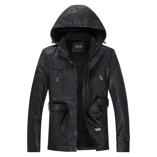 Herren Kunstlederjacke mit Kapuze, Teddyfutter und Gürtelschnalle Drune