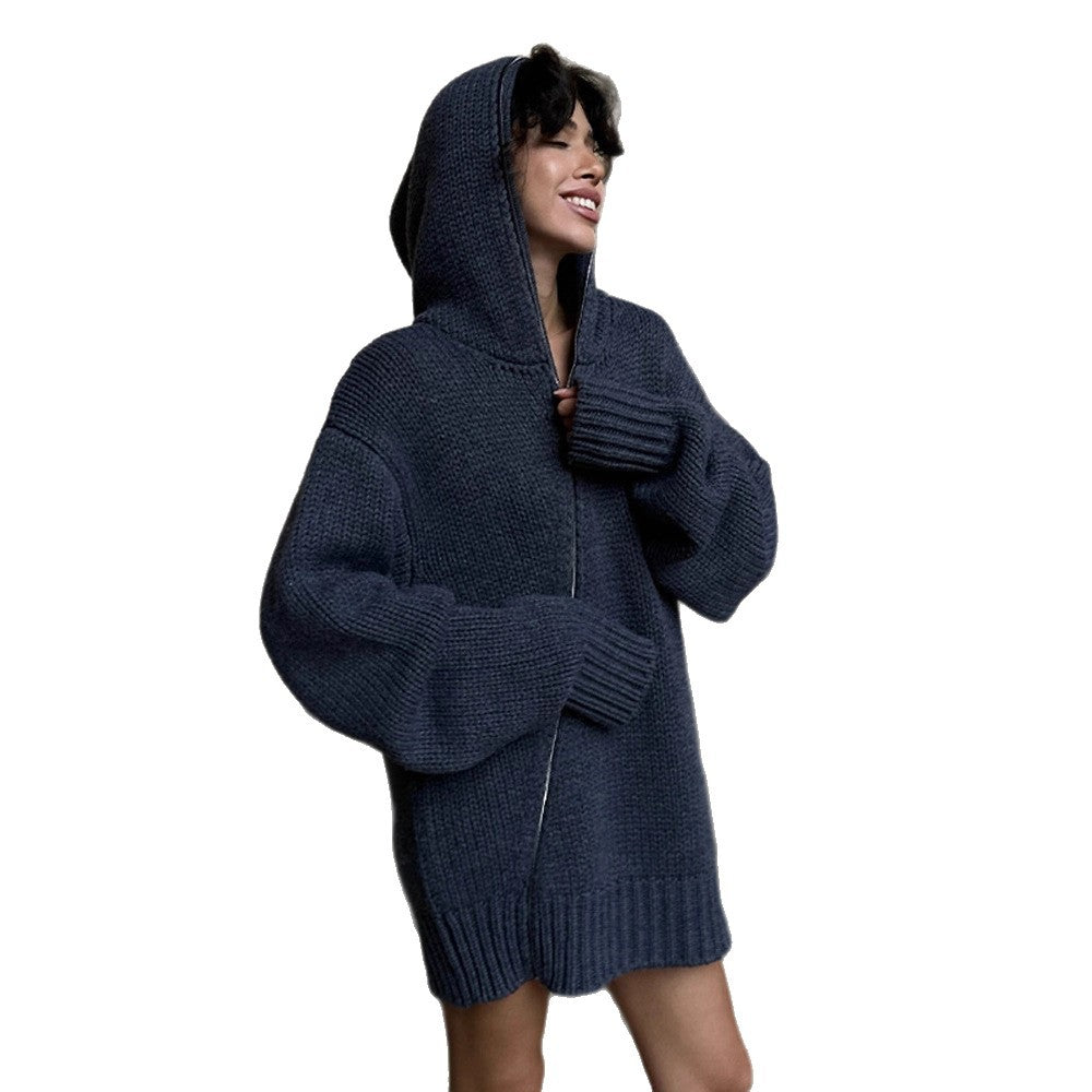 Damen Oversize Kapuzen-Strickcardigan mit Reißverschluss Drune