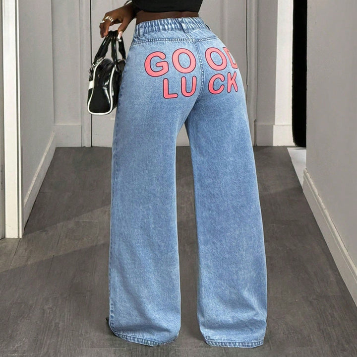 Damen High-Waist Wide-Leg Jeans mit statement Print Drune