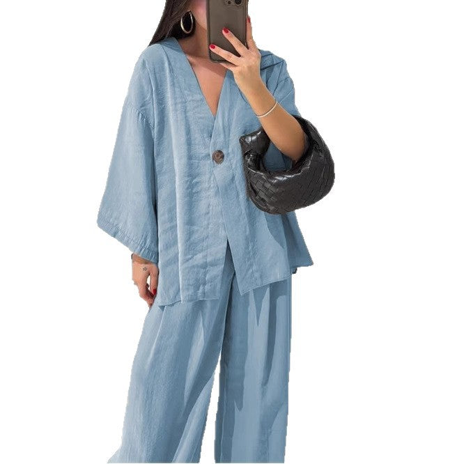 Damen nan entspanntes Zweiteiler-Leinenensemble mit kimonoartiger Oversize-Jacke und weiter Palazzohose Drune