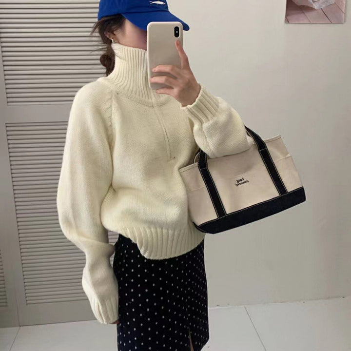 Damen Kuscheliger Gestrickter Pullover mit Stehkragen und Reißverschluss Drune