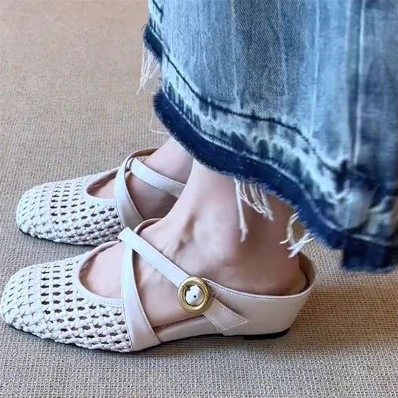Damen Geflochtene Mule-Ballerinas mit T-Riemen und dekorativer Rosenapplikation Drune