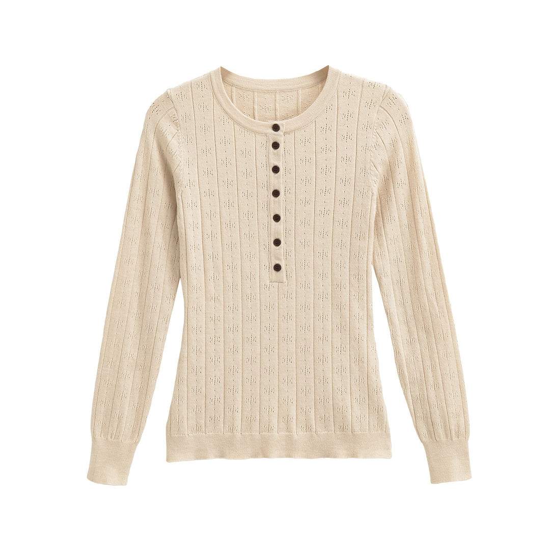 Damen Feinstrick-Longsleeve mit Knopfleiste und Strukturstrick Drune