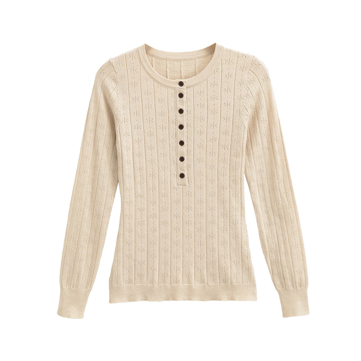 Damen Feinstrick-Longsleeve mit Knopfleiste und Strukturstrick Drune