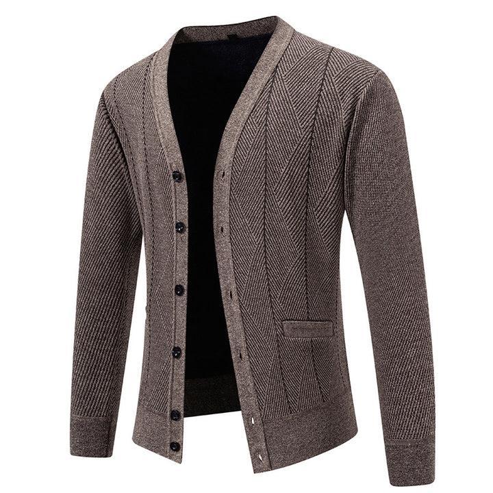 Herren Strukturierter Feinstrick-Cardigan mit Chevron‑Muster, V‑Ausschnitt und Eingrifftaschen Drune