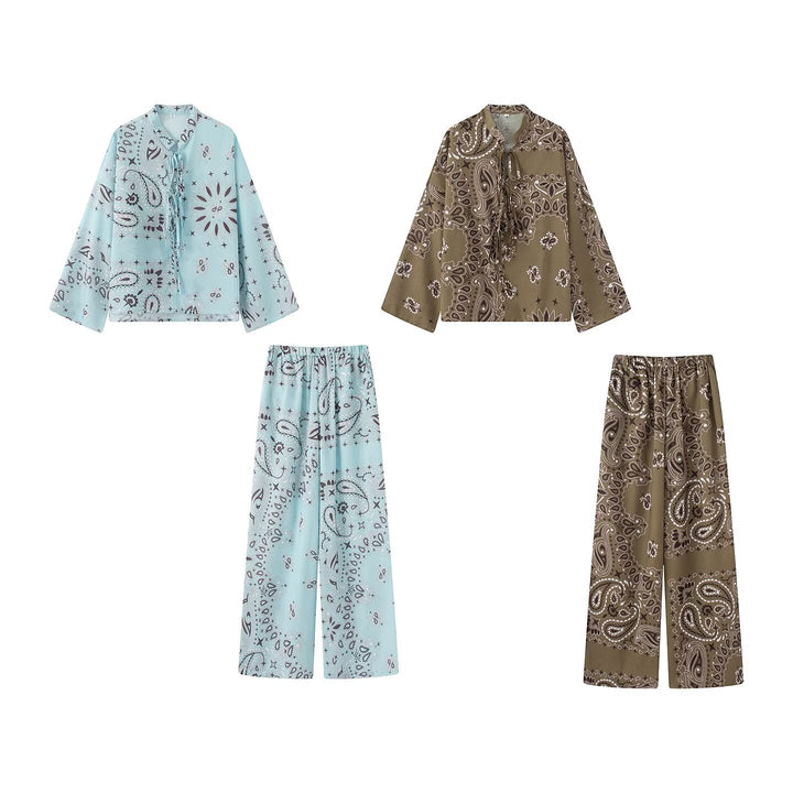 Damen Zweiteiliges Satinoptik-Lounge-Set mit Paisley-Print, Kimonokragen-Bluse und weiter Culotte-Hose Drune