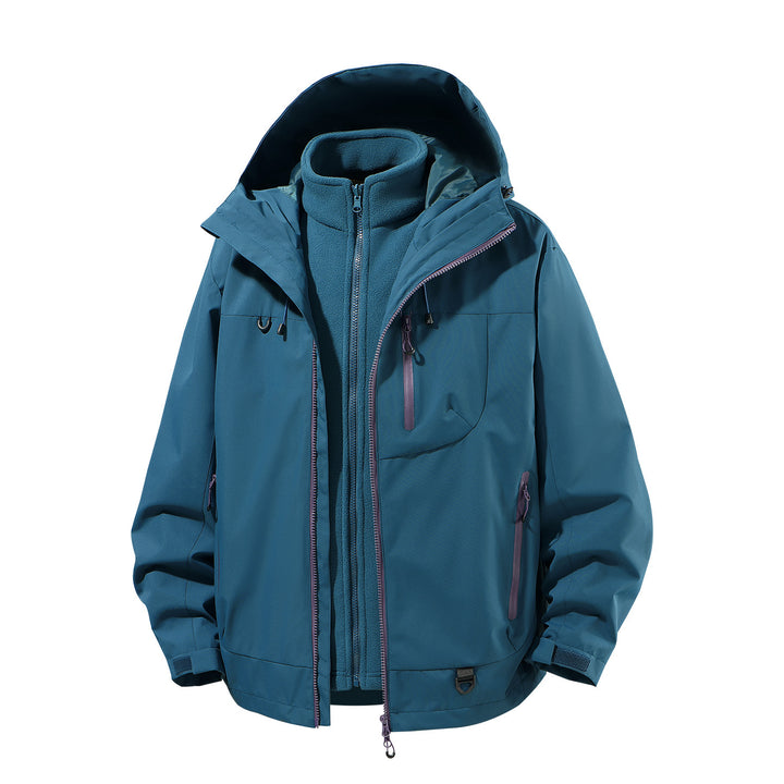 Herren zweiteiliger wasserdichter Softshell-Parka mit herausnehmbarer Fleece-Innenjacke, verstellbarer Kapuze und Multifunktions-Taschen Drune