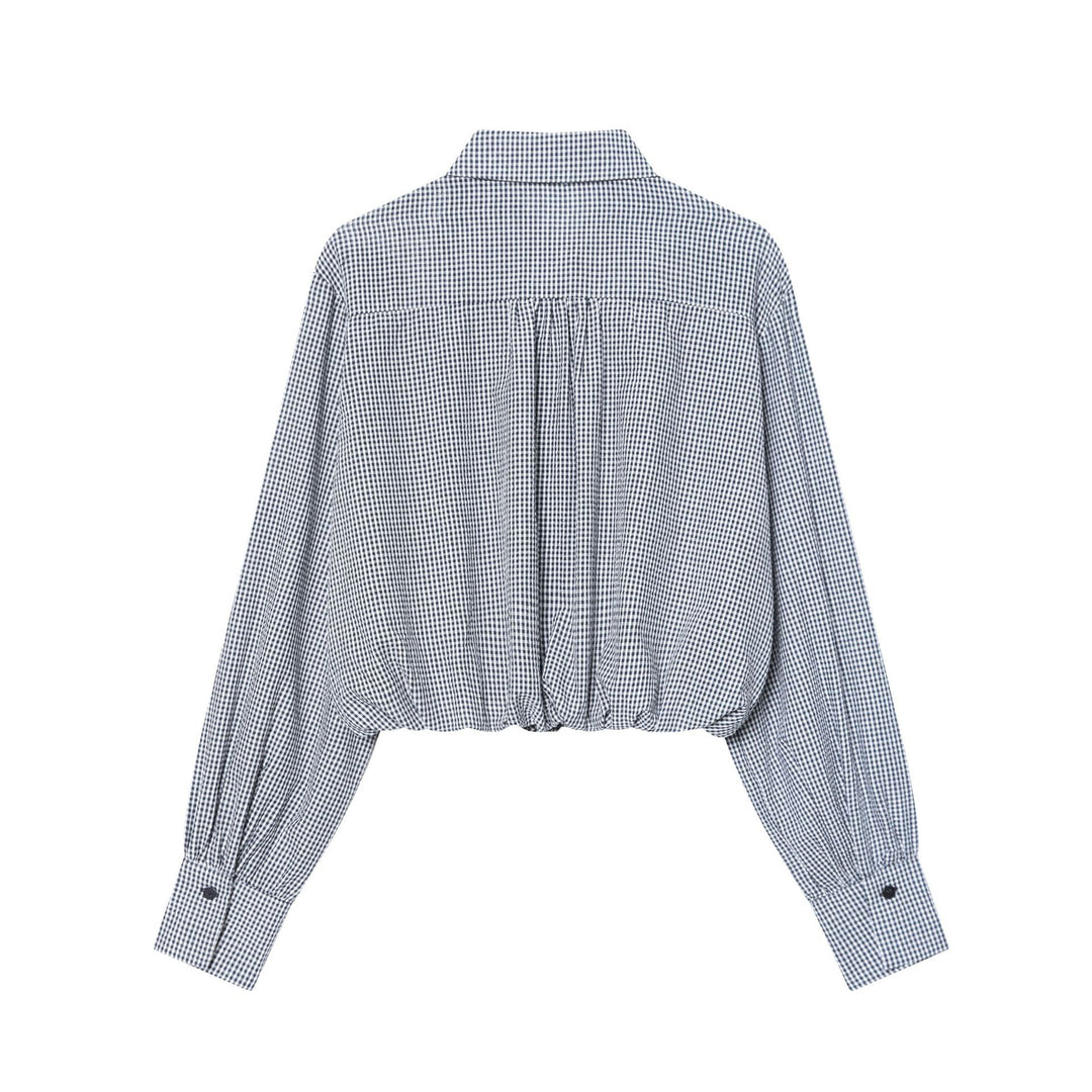 Damen nan cropped Karo-Hemd mit Ballonärmeln, Brusttasche und elastischem Saum Drune