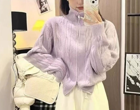Damen Modischer Grobstrickpullover mit hohem Kragen Drune