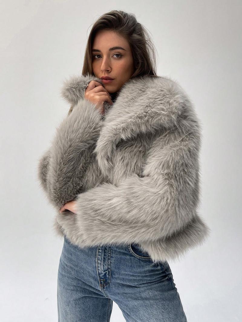 Damen Modischer Kunstpelz-Cropped-Jacke mit voluminösen Ärmeln Drune