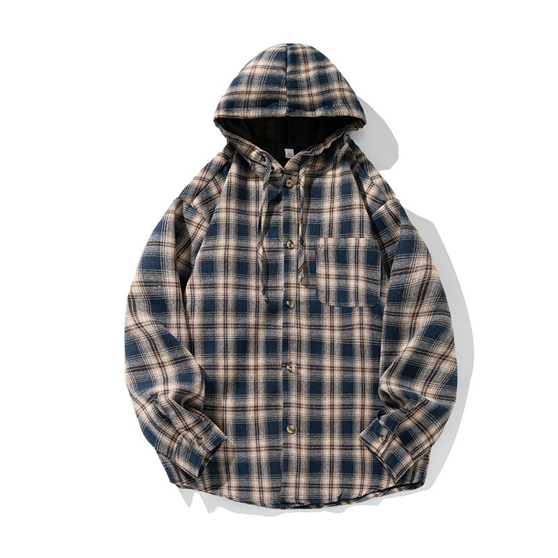 Unisex Oversize Kapuzenflanellhemd mit Karomuster, durchgehender Knopfleiste und Brusttasche Drune