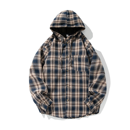Unisex Oversize Kapuzenflanellhemd mit Karomuster, durchgehender Knopfleiste und Brusttasche Drune
