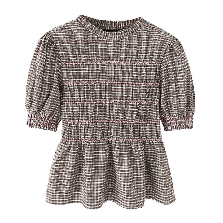 Damen Kariertes Smock-Tunika-Top mit Volantbund und Puffärmeln Drune