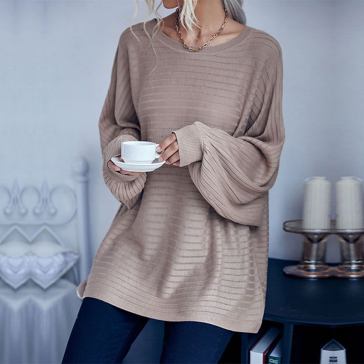 Damen Oversize-Feinstrickpullover mit horizontalem Rippdetail und Rundhalsausschnitt Drune