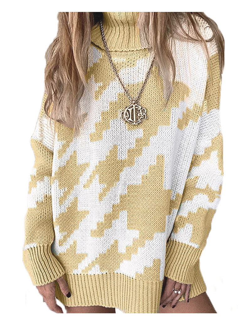 Damen Strickpullover mit hohem Kragen und modernem Zickzack-Muster Drune