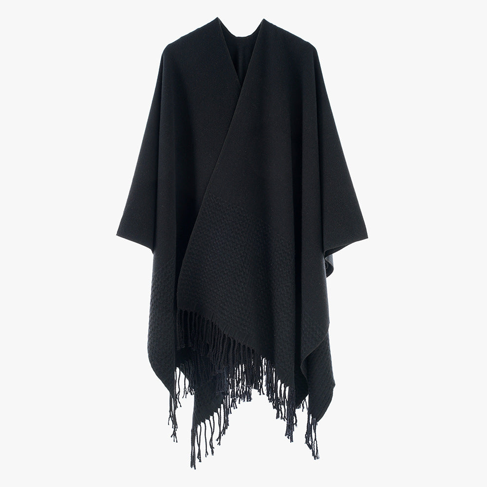 Damen Minimalistischer Wollmix-Capeponcho mit V‑Ausschnitt und Fransen Drune
