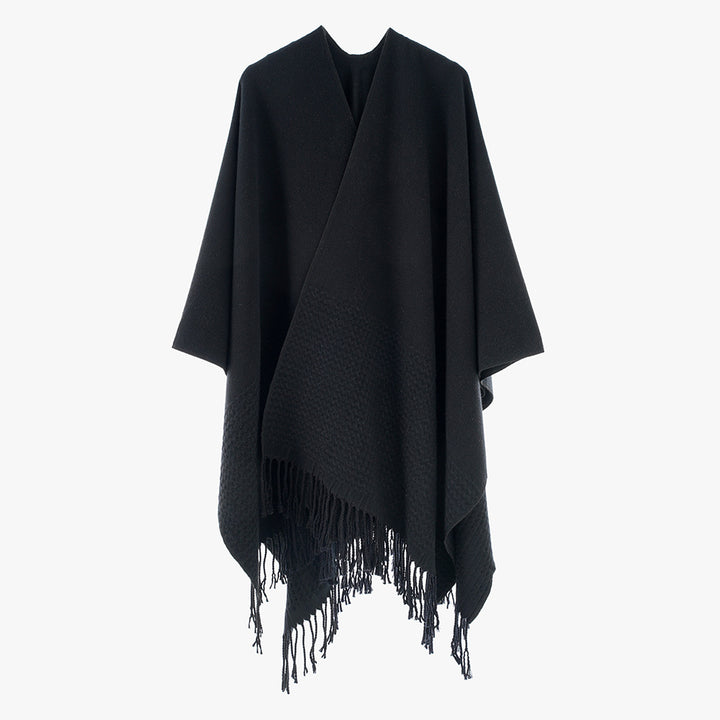 Damen Minimalistischer Wollmix-Capeponcho mit V‑Ausschnitt und Fransen Drune